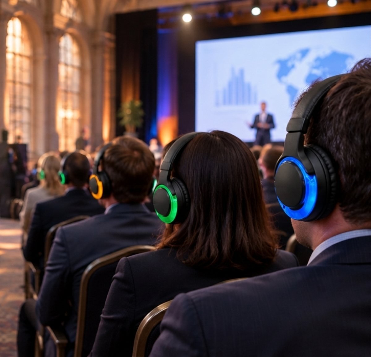 Plateia de evento usando fones com LED: cada cor corresponde a um canal de idioma (imagem ilustrativa)
